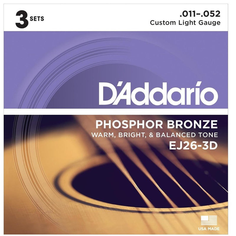 D'Addario EJ26-3D Phosphor Bronze Set - Custom Light, 11 - 52 (3 Pack)