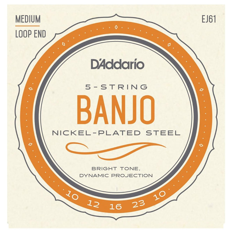 D'Addario EJ61 Banjo 5-String Set, Nickel, Medium, 10-23