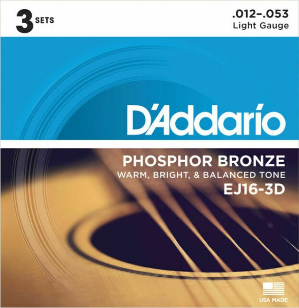 D'Addario EJ16-3D Phosphor Bronze (3 Pack) Light Gauge 12-53