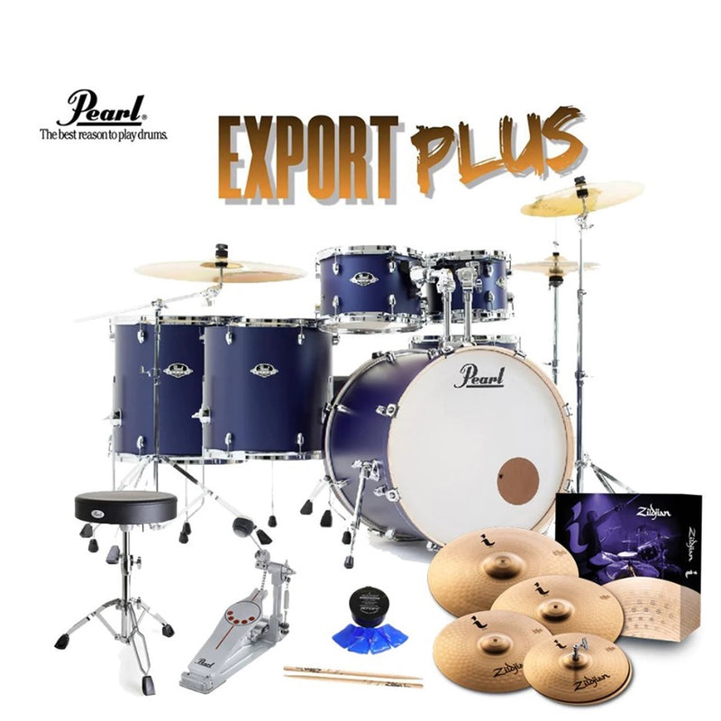 Pearl EXL725SP/C-219K Export Plus 22" Fusion Drum Kit [+ Hardware, Cymbals, Accessories, *Extra 14" Floor Tom*] - Indigo Night