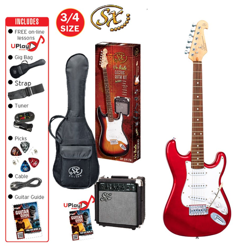 SX SE-1SK34CAR 3/4 Size Electric Guitar Pack w/ Amplifier - Candy Apple Red