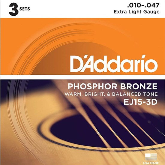 *Promo* D'Addario EJ15-3D Phosphor Bronze Extra Light (3 Pack) 10 - 47