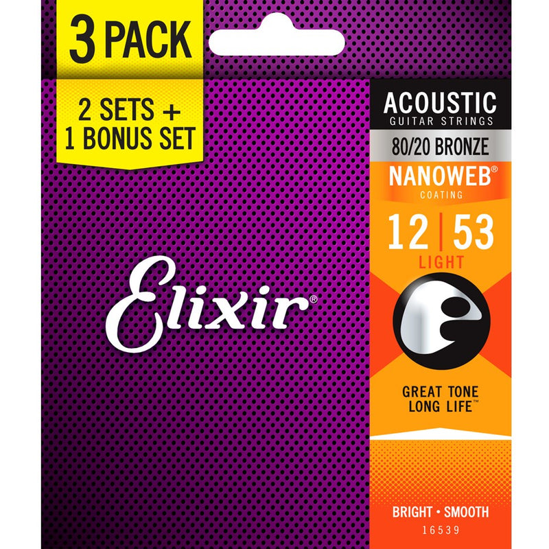 Elixir 16539 Nanoweb Guitar Strings 80/20 Bronze Light - 12-53 Pack of 3