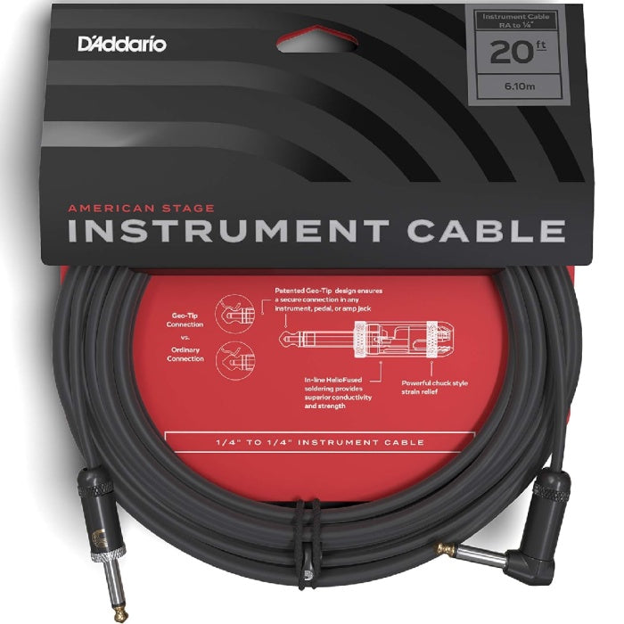 D'Addario American Stage Instrument Cable, Straight to Right-Angle- 20ft.