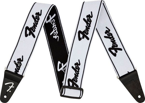 Fender WeighLess 2" Running Logo Strap, White/Black