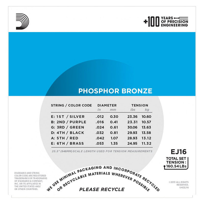 D'Addario EJ16 Phosphor Bronze Acoustic Set - Light, 12-53