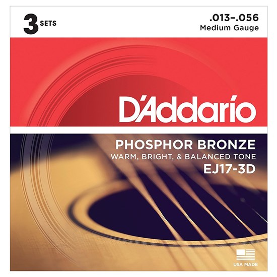 D'Addario EJ17-3D Phosphor Bronze Set - Medium, 13-56 (3 Pack)