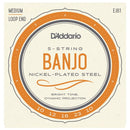 D'Addario EJ61 Banjo 5-String Set, Nickel, Medium, 10-23