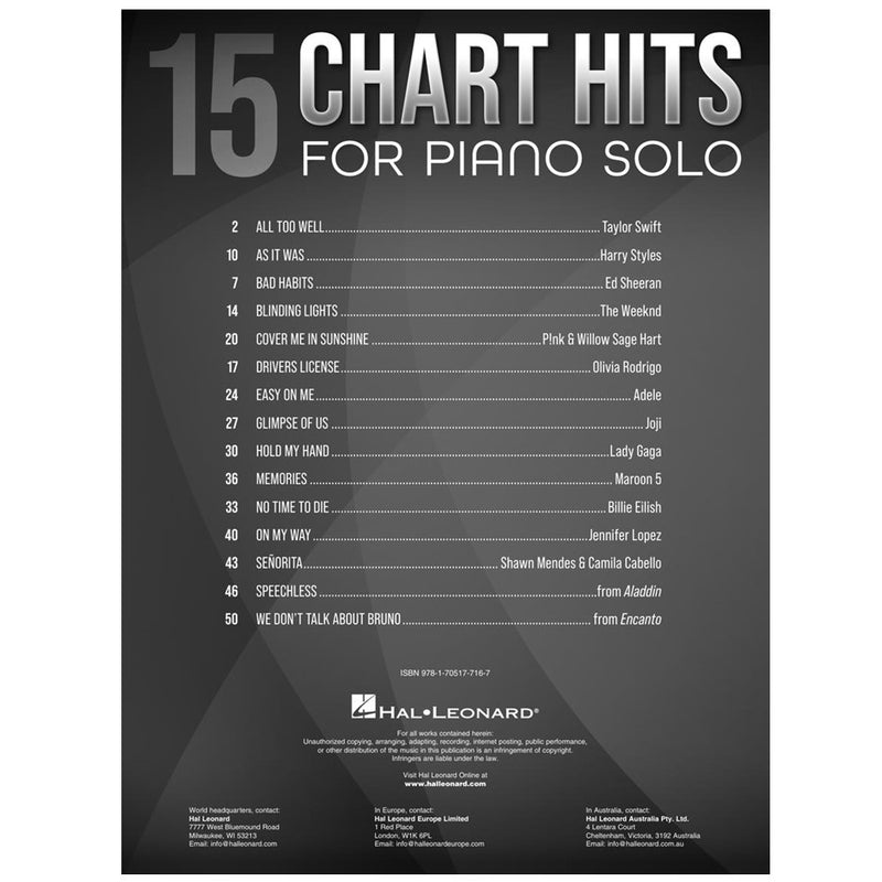 15 Chart Hits For Piano Solo