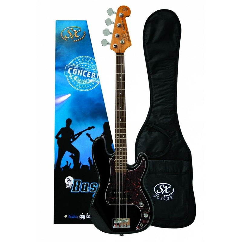SX VEP34 Short Scale (3/4 Size) Bass Guitar w/ Bag - Black
