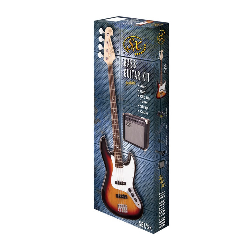SX SB1SKB J-Bass Guitar Pack (3-Tone Sunburst)