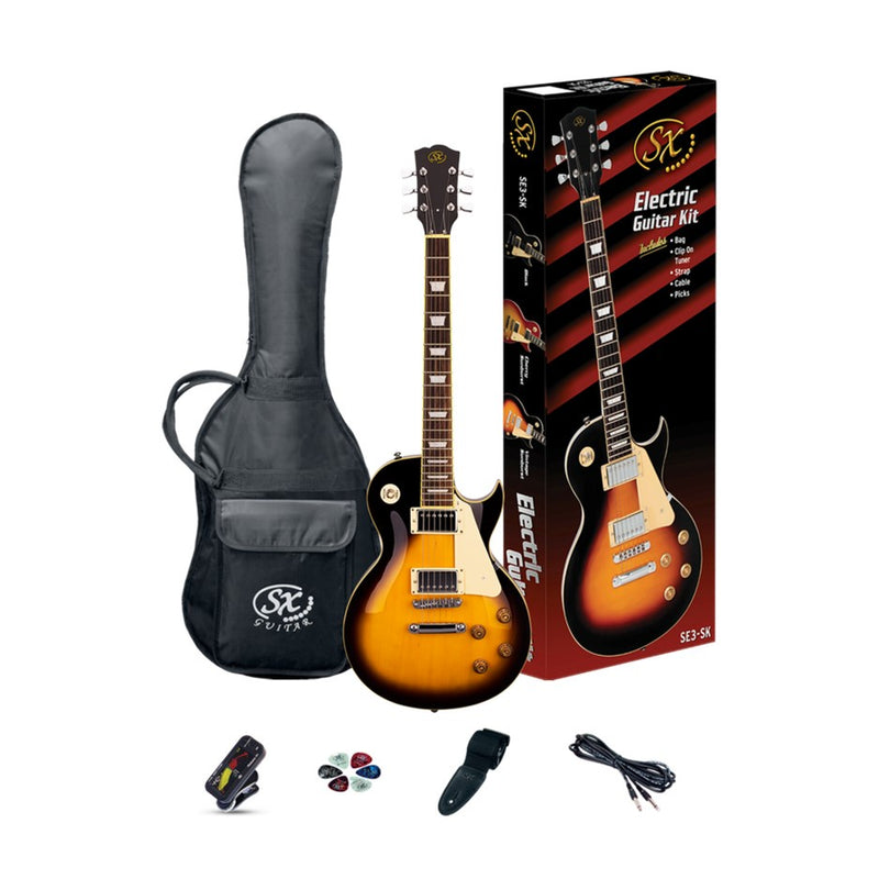 SX SE3SKVS LP Style Electric Guitar Pack w/ Bag, Tuner, Strap, Picks, Lead - Vintage Sunburst